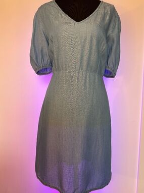 Molly Bracken Chambray Lace-Up Back Dress Puff Sleeve Mini Dress Size Small